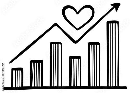 Hand drawn illustration of a bar graph showing upward growth with a heart symbol indicating success and popularity