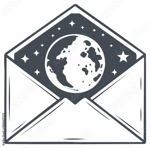 Open envelope revealing a full moon and twinkling stars in a cosmic night sky illustration