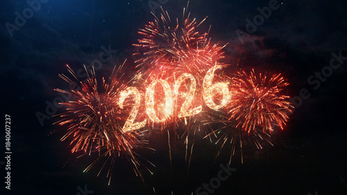 2026 Happy New Year greeting text with particles and sparks on black night sky with colored fireworks on background, beautiful typography magic design illustration.
