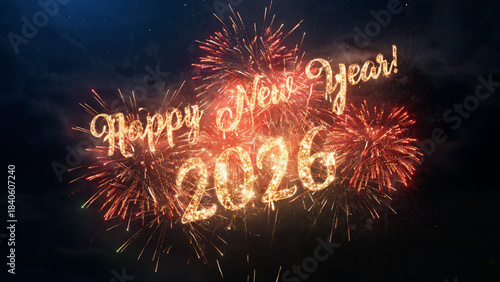 2026 Happy New Year greeting text with particles and sparks on black night sky with colored fireworks on background, beautiful typography magic design illustration.