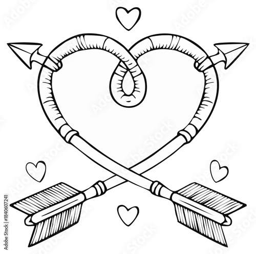 Valentine's Day Heart Made of Arrows with Hearts, Black and White Illustration