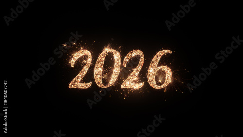 2026 Happy New Year greeting text with particles and sparks on black background, beautiful typography magic design illustration.