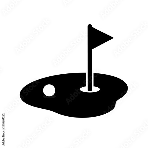 Minimalist black golf icon with flagstick and ball on putting green for sports branding and signage, Simple vector silhouette of a golf hole with flag and ball, Modern flat design golf putting green 