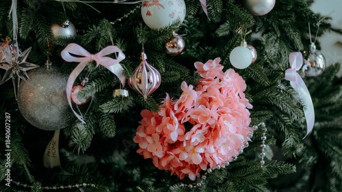 A beautiful red Christmas tree decoration with ribbon, flowers, and ornaments for the holiday celebration