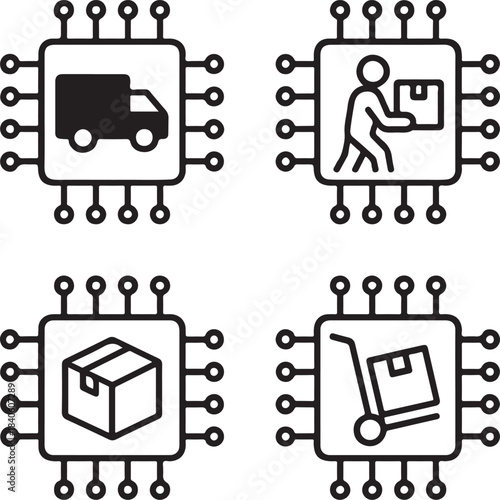 Moving Service circuit icon, moving service transport vector, relocation moving service symbol, minimal black tech, editable outline, thin stroke digital, interface ui ux, delivery moving service icon