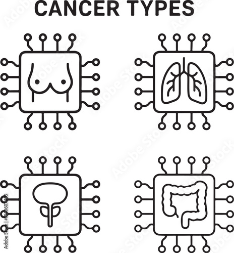 Cancer Types circuit icon, cancer types oncology vector, oncology cancer types symbol, minimal black tech, editable outline, thin stroke digital, interface ui ux, tumor cancer types icon