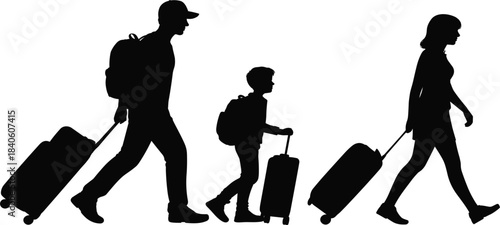 Traveling family silhouette illustration, mother father son, pulling luggage, airport transit, journey vacation trip