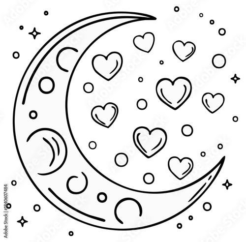 Crescent moon with hearts and stars cartoon drawing illustration