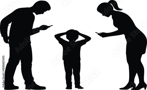 Parents ignoring child vector silhouette, smart phone addiction, family neglect, social issue, modern technology problem