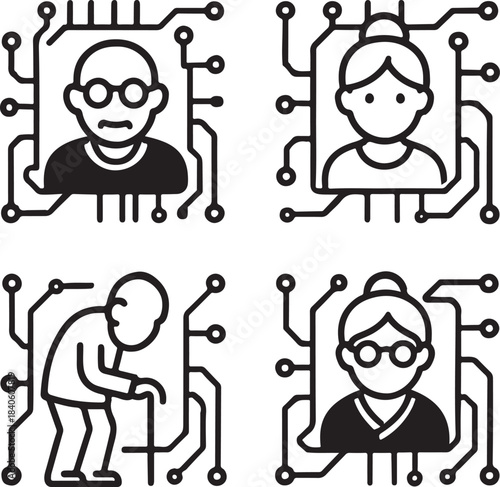 Elderly circuit icon, elderly senior care vector, senior elderly care symbol, minimal black tech, editable outline, thin stroke digital, interface ui ux, aged elderly care icon
