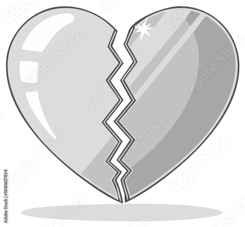 Shiny broken heart illustration in grayscale depicting lost love and emotional sorrow