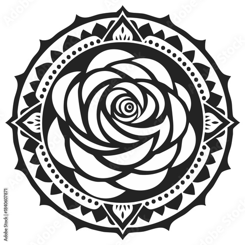 Circular floral mandala illustration with intricate details and geometric design elements