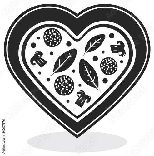 Heart shaped pizza with pepperoni mushrooms and spinach vector icon for delivery apps
