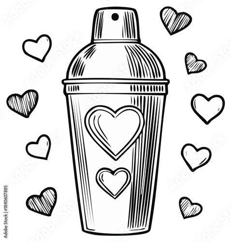 Cocktail shaker with hearts illustration, Valentines Day design element, black and white