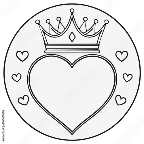 Elegant crown atop heart shape with surrounding hearts in circle design, royalty and love illustration