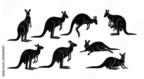 Silhouette illustrations of kangaroos in various poses and arrangements