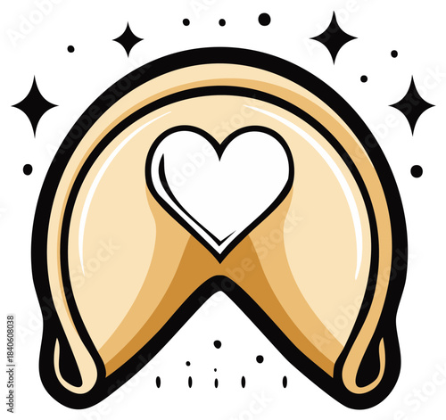 Stylized fortune cookie with a prominent heart symbol representing love and good fortune