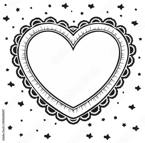 Heart Shaped Frame with Scalloped Edge and Stars, Black and White