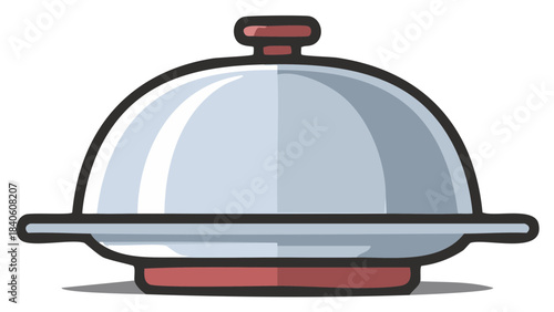 Illustration of a covered serving dish for food, with a handle and a red base.