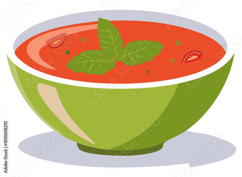 Green bowl of tomato soup garnished with basil and slices of tomatoes, vector illustration