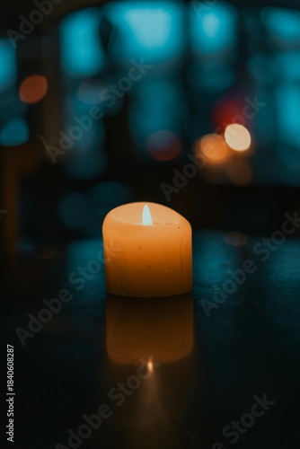 Candles in the church and on the table glow with warm yellow light for a holiday celebration of love and romance in the dark night