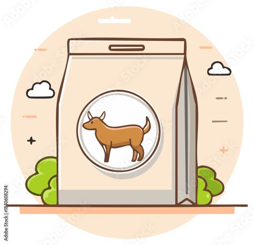 Dog food bag with animal emblem and decorative elements illustration