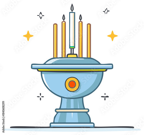 Ceremonial censer with burning candles, a spiritual ritual object in a cute cartoon vector style