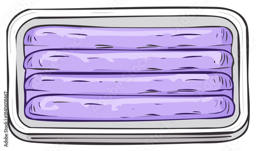 Purple processed food items neatly arranged in a white rectangular packaging tray vector illustration