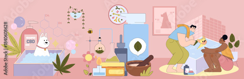 CBD Pet Shampoo and Couple Bathing Dog Vector Illustration