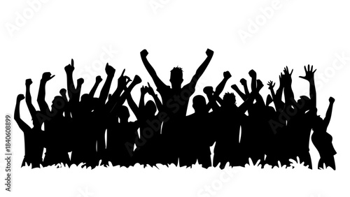 Silhouette of a cheering crowd with hands raised in the air, celebrating an event or achievement