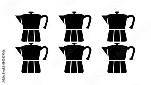 A repeating pattern of black coffee makers on a white background, illustrating a kitchen utensil for brewing coffee