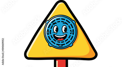 Humorous Manhole Cover Warning Sign With Cartoon Face Over Yellow Background