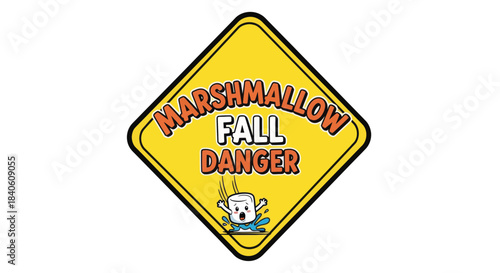 Humorous Marshmallow Falling Hazard Warning Sign Against a Bright Yellow Background