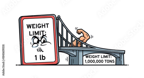Humorous Illustration Depicting Strength Overcoming Apparent Weight Limitations on a Bridge