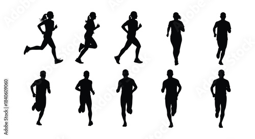 Silhouettes of people running and walking depicting movement and activity
