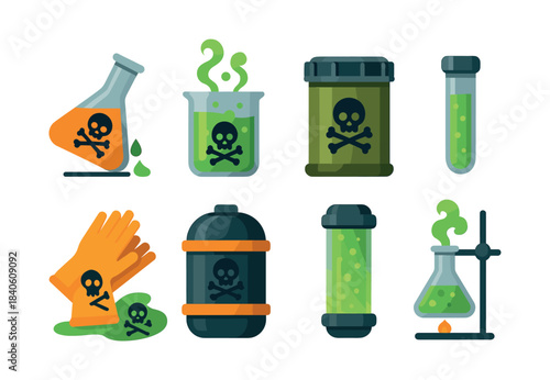 Chemical hazard icons, danger signs, toxic materials, flat vector illustration