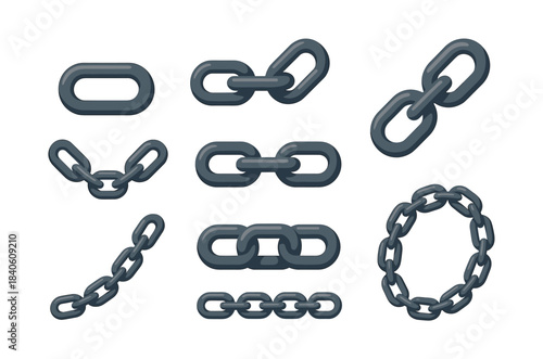 Chains vector illustration, various metal links, flat vector design collection