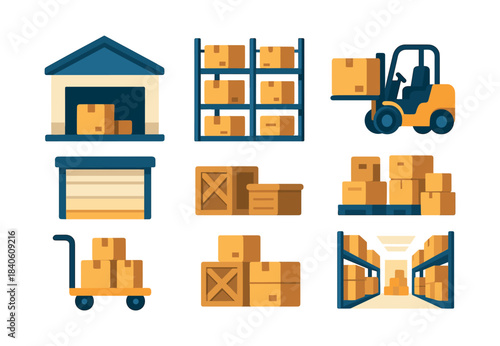 Warehouse storage elements, boxes, forklift, flat vector illustration