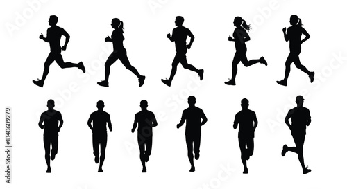 Silhouettes of people running and walking depicting movement and activity