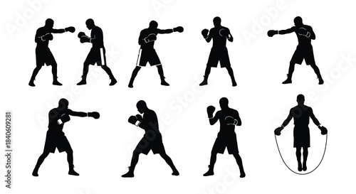 Silhouette series depicting boxing athletes in various training and fighting poses