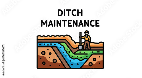Illustrated Ditch Maintenance Showing Earth Layers and a Construction Worker at Work