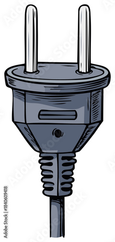 Illustration of a gray European style plug featuring dual prongs and contoured strain relief.