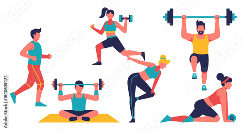 Illustrated Fitness Activities Depicting Exercise, Training, and Aerobic Workouts Energetically