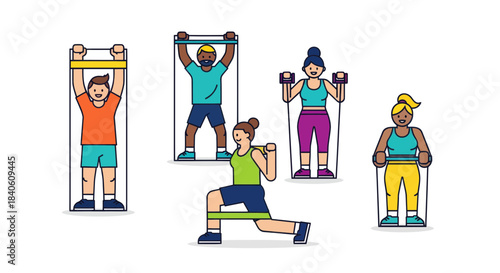 Illustrated Fitness Regimen Demonstrating Strength Training Exercises For Health And Wellness