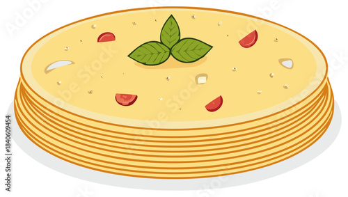 Illustration of a stack of golden crepes or pancakes topped with fresh basil and cherry tomatoes