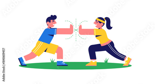Illustrated Fitness Couple Working Out SidebySide Showing Teamwork And Active Lifestyle