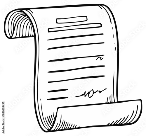 Hand drawn black and white cartoon old paper scroll featuring abstract text lines and an official signature