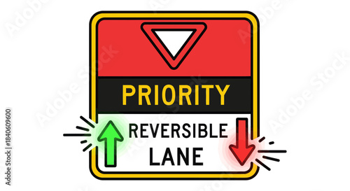 Illustrated Priority Reversible Lane Street Sign With Directional Arrows And Road Symbols