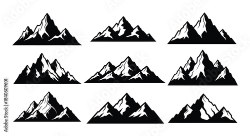 A minimalist arrangement of black mountain silhouettes in a grid pattern