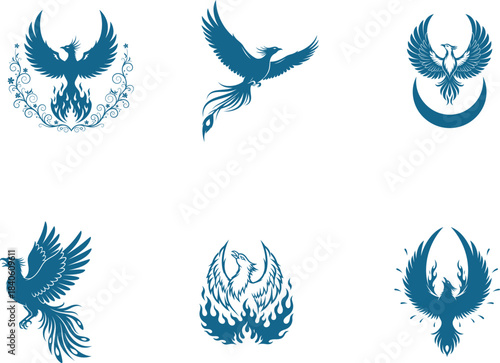 A captivating collection of majestic mythological phoenix bird illustrations showcasing powerful
